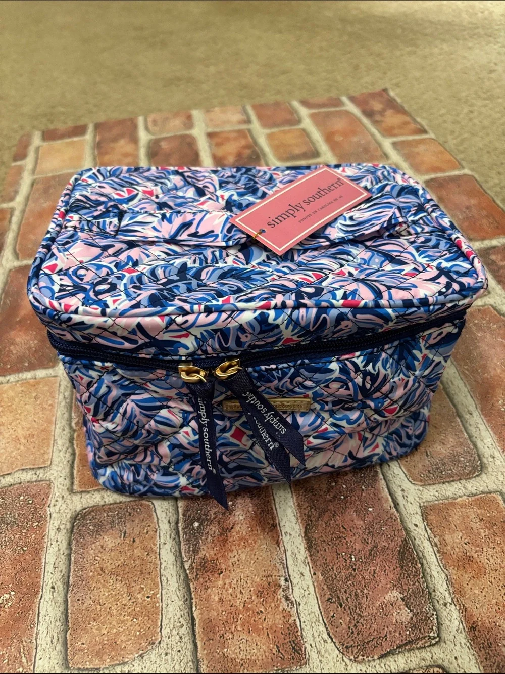 Simply Southern Pink & Blue Quilted Floral Cosmetic Case new with tags